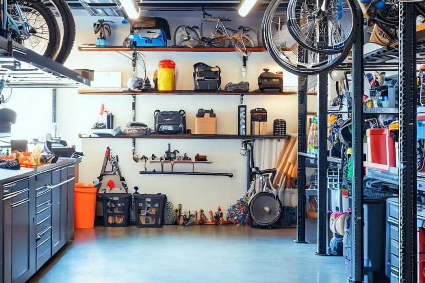 An image of a well-organized, clean, and brightly lit garage with a variety of storage solutions, including overhead storage racks, hanging shelves, and a ceiling-mounted bike rack.
