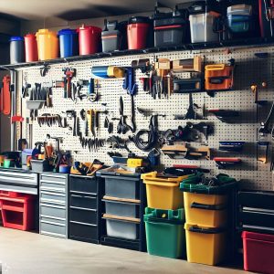 An image that showcases the potential of an organized garage: everything neatly stored in bins, tools hanging systematically on a pegboard.