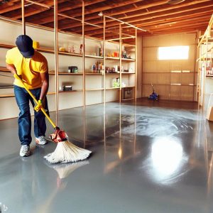 An image showing a person sweeping and cleaning the empty garage, with a shiny, clean floor and dust-free shelves.