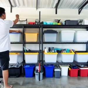An image a person organizing their items back into the clean garage, using different storage solutions like wall-mounted racks, high shelves, and clearly labeled bins.