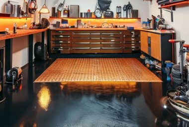 An image of a well-organized and clean garage with a distinct, glossy epoxy coated floor and some rubber mats near a workbench.