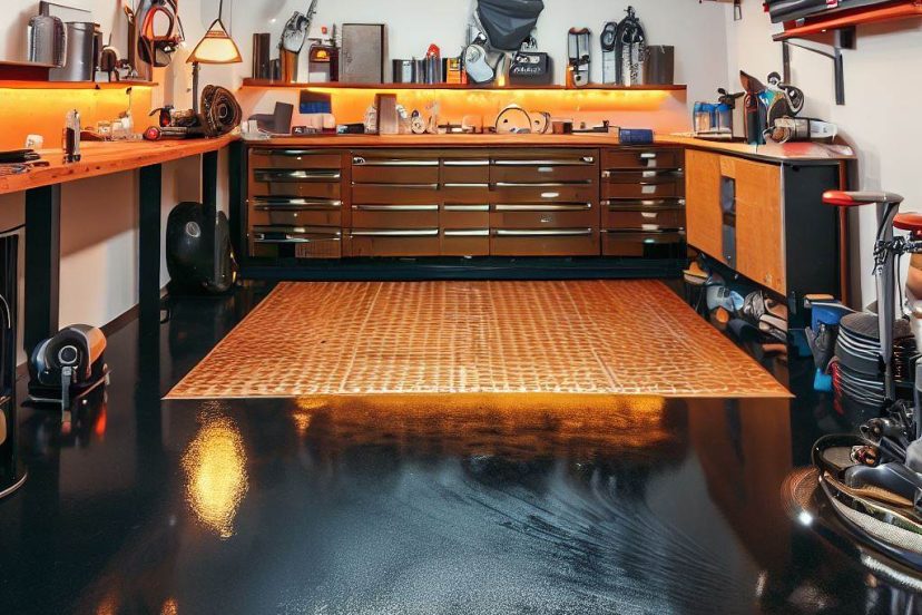 An image of a well-organized and clean garage with a distinct, glossy epoxy coated floor and some rubber mats near a workbench.