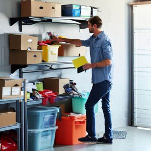 An image a person organizing their items back into the clean garage, using different storage solutions like wall-mounted racks, high shelves, and clearly labeled bins.