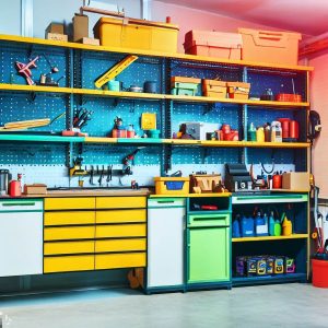 An image of a wall with adjustable yellow drawers and shelves holding neatly sorted items.