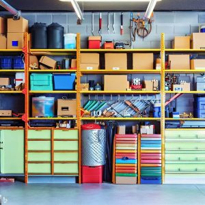 a vibrant image showing a variety of garage storage solutions. In this image, we can see different areas in the garage, each dedicated to a specific type of item. There's a wall with adjustable shelves holding neatly stacked boxes, a ceiling-mounted rack with bigger items, a pegboard holding various tools, and a lockable cabinet for hazardous materials.