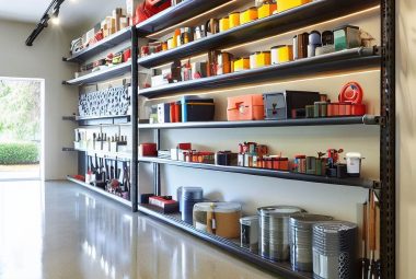 An image of a spacious, well-lit garage with a clean, epoxy-coated floor. Along one wall, display different types of wall shelves, including floating shelves, adjustable wall-mounted shelves, and heavy-duty metal shelves. epresent a variety of items, such as tools, paint cans, storage bins, sports equipment, and garden supplies, neatly organized on the shelves.
