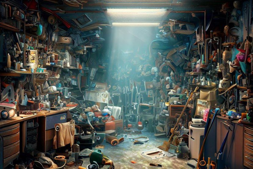 The image shows a cluttered, disorganized garage, filled with tools, seasonal items, and miscellaneous objects in disarray and ready for a garage clean out project.