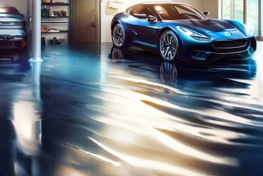 An image of a spacious, well-lit 2-car garage with a sleek, coated floor.