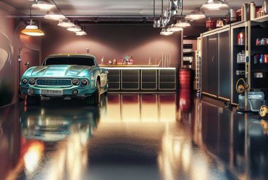 An image depicting a sleek, well-organized garage with an eye-catching epoxy floor. The floor should be a vibrant, metallic epoxy color, reflecting the light from the overhead fixtures. Include elements like a parked car, workbench, and storage shelves with various tools.