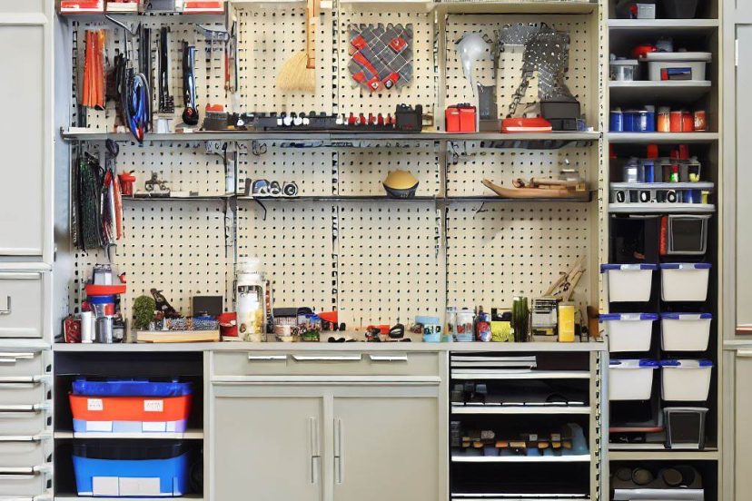 an image of a well-organized garage showcasing a variety of storage solutions. The image includes wall cabinets, adjustable wall-mounted shelves, metal pegboards, and magnetic panels. The shelves are filled with neatly arranged items, like gardening tools, sports equipment, and paint cans. The wall cabinets have closed doors, showing off a clean and organized look. The pegboard are holding a variety of tools.