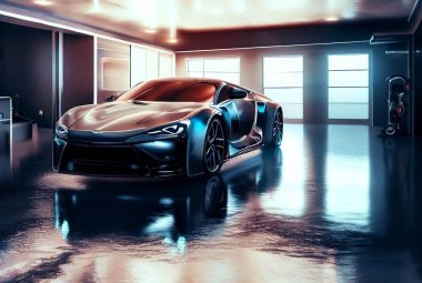 An image of a pristine, glossy, and well-coated garage floor using Polyurea with some garage storage solutions in the background, showing a well-organized and efficient space.