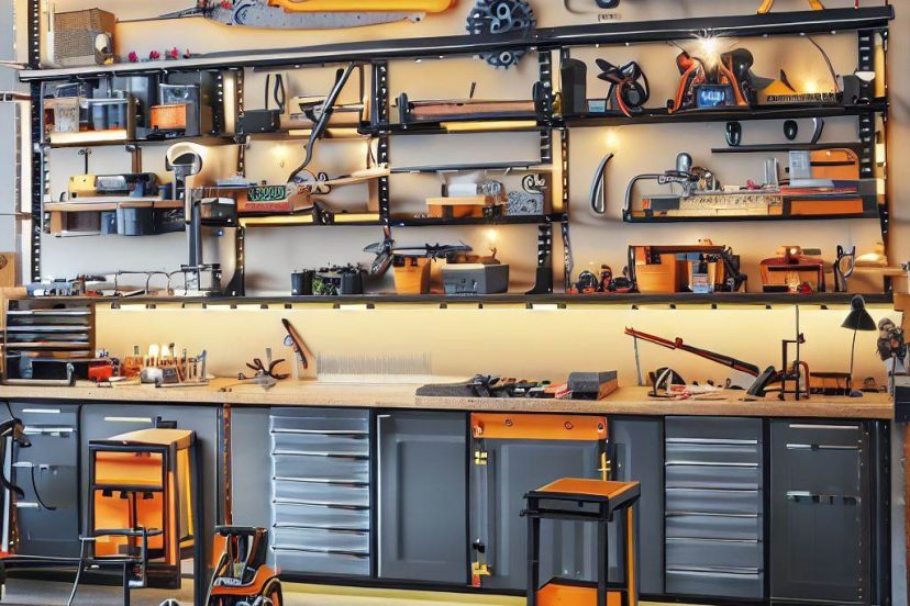 An image showcasing a beautifully organized garage with different styles of workbenches: a foldable workbench folded against the wall, a wall-mounted workbench with tools hanging above it on a pegboard, a heavy-duty workbench with a project in progress, a mobile workbench positioned near a garage door, a multi-tier workbench filled with organized tools, and an integrated workbench with in-built lighting and power outlets.