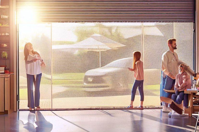 An image showing a spacious, well-organized garage with a stylish sliding garage door screen partially open, revealing a sunny day outside. Inside the garage, a family is enjoying a leisurely afternoon, demonstrating the space's versatility thanks to the screen door.