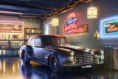 An image of a shiny garage floor that has been treated with an epoxy coating. A classic car sits in the foreground with clean organized shelves and workbench in the background.