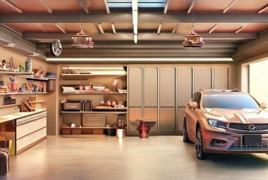 An image of a clean and well-organized garage space. The image shows labeled storage bins neatly arranged on shelves, various tools hanging on a pegboard, and a workbench with DIY projects in progress. This is an inviting and functional garage space that reflects the concepts of organization, efficiency,