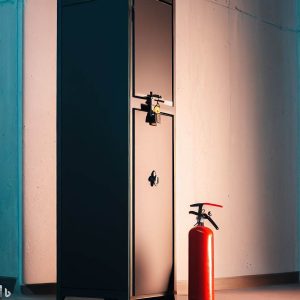 A tall, locked cabinet with a fire extinguisher mounted next to it. This represents proper storage of flammable items and essential fire safety equipment.