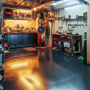 An image of the corner of an organized garage with workbench and storage areas under different lighting conditions. One part shows the effects of bright LED lights, while the other section has a warmer, inviting glow of incandescent bulbs.