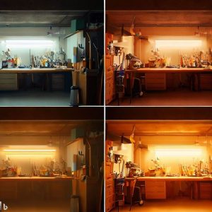 An image of an organized garage area under different lighting conditions. One part shows the effects of LED lights, showing a clear, well-illuminated space. The second part depicts the focused illumination of task lighting on a workbench. The third part features the warm, inviting glow of incandescent bulbs.
