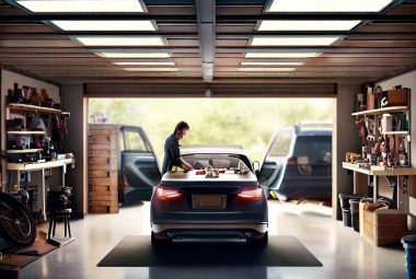 An image of a well-lit, organized garage, with areas showcasing different types of lighting solutions. The image should ideally depict an overhead LED system providing general illumination, a focused task light over a workbench, a motion sensor light near the entrance, and natural light streaming in through a window or skylight.