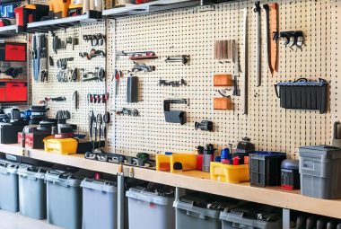 An image featuring a well-organized garage with clear zones for tools.