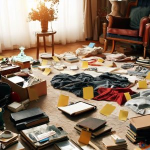 An image that shows the process of item categorization for a garage sale. It is a scene of a cozy room with various items spread out on the floor or a table, categorized into different sections: books, clothes, toys, kitchenware, etc. Some items have price tags already attached.