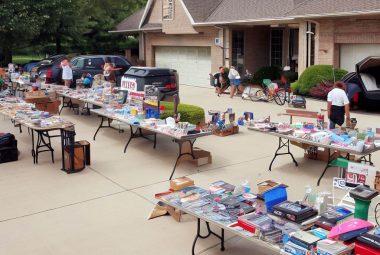 An image of a well-organized garage sale in a suburban setting. The driveway is filled with neatly arranged tables of various items like books, clothing, toys, and furniture. There are signs indicating different sections, and a few people browsing the items.