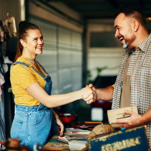 An image that captures the essence of a successful garage sale day. It shows a seller engaging with a customer at a well-organized garage sale. They're in the midst of a friendly haggling session, both smiling, with the customer holding an item they're interested in.