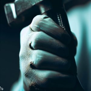 A close-up of a hand wearing a safety glove, securely gripping a tool. This represents the importance of using personal protective equipment when handling potentially dangerous tools.