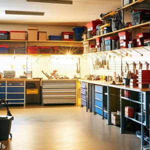 A brightly lit, well-organized garage scene with clearly labeled boxes on sturdy shelves, tools hanging neatly on a pegboard, and a designated workspace.