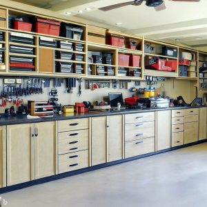 an image of a well-organized garage utilizing a mix of garage cabinet ideas including wall-mounted, mobile cabinets with wheels, and a cabinet-workbench combo.