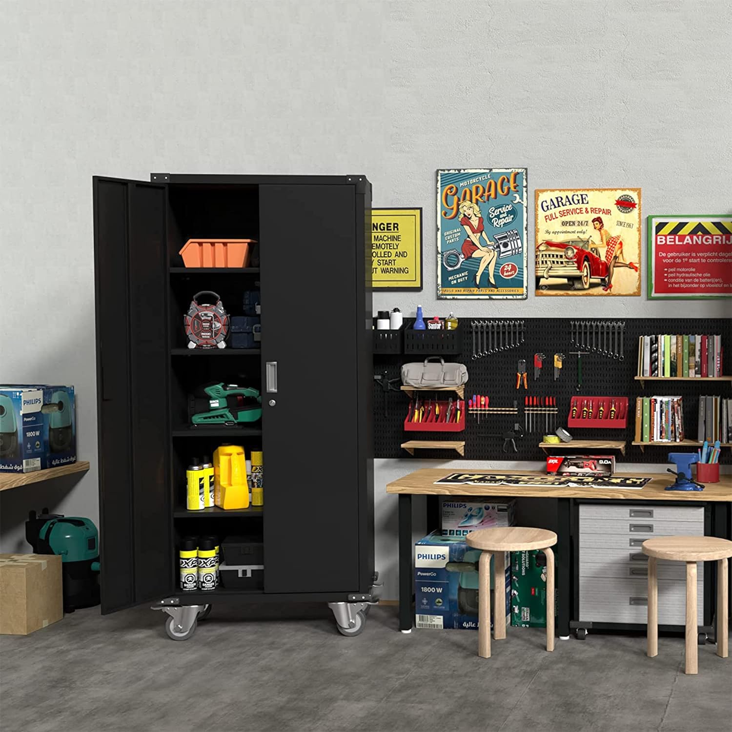 Aobabo Metal Storage Cabinet with Wheels, Mobile Metal Garage Cabinet with 1 Drawer and 2 Locking Doors, Small Rolling Tool Storage Cabinet, Assembly Required, Black/Gray Aobabo Metal Storage Cabinet with Wheels, Mobile Metal Garage Cabinet with 1 Drawer and 2 Locking Doors, Small Rolling Tool Storage Cabinet, Assembly Required, Black/Gray