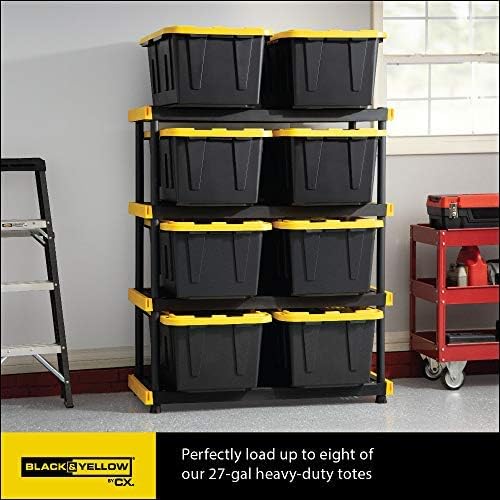 CX Black Yellow®, 4-Tier Heavy Duty Plastic Storage Shelving Unit, 200lbs/shelf (55”H x 48”W x 20”D), for Indoor/Outdoor Organization, Modular Rack