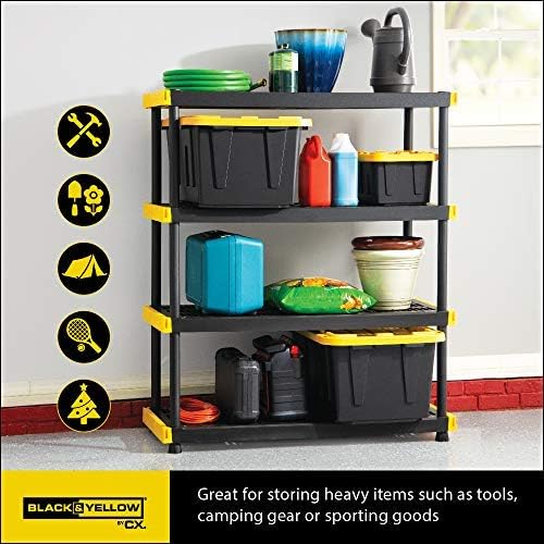 CX Black Yellow®, 4-Tier Heavy Duty Plastic Storage Shelving Unit, 200lbs/shelf (55”H x 48”W x 20”D), for Indoor/Outdoor Organization, Modular Rack