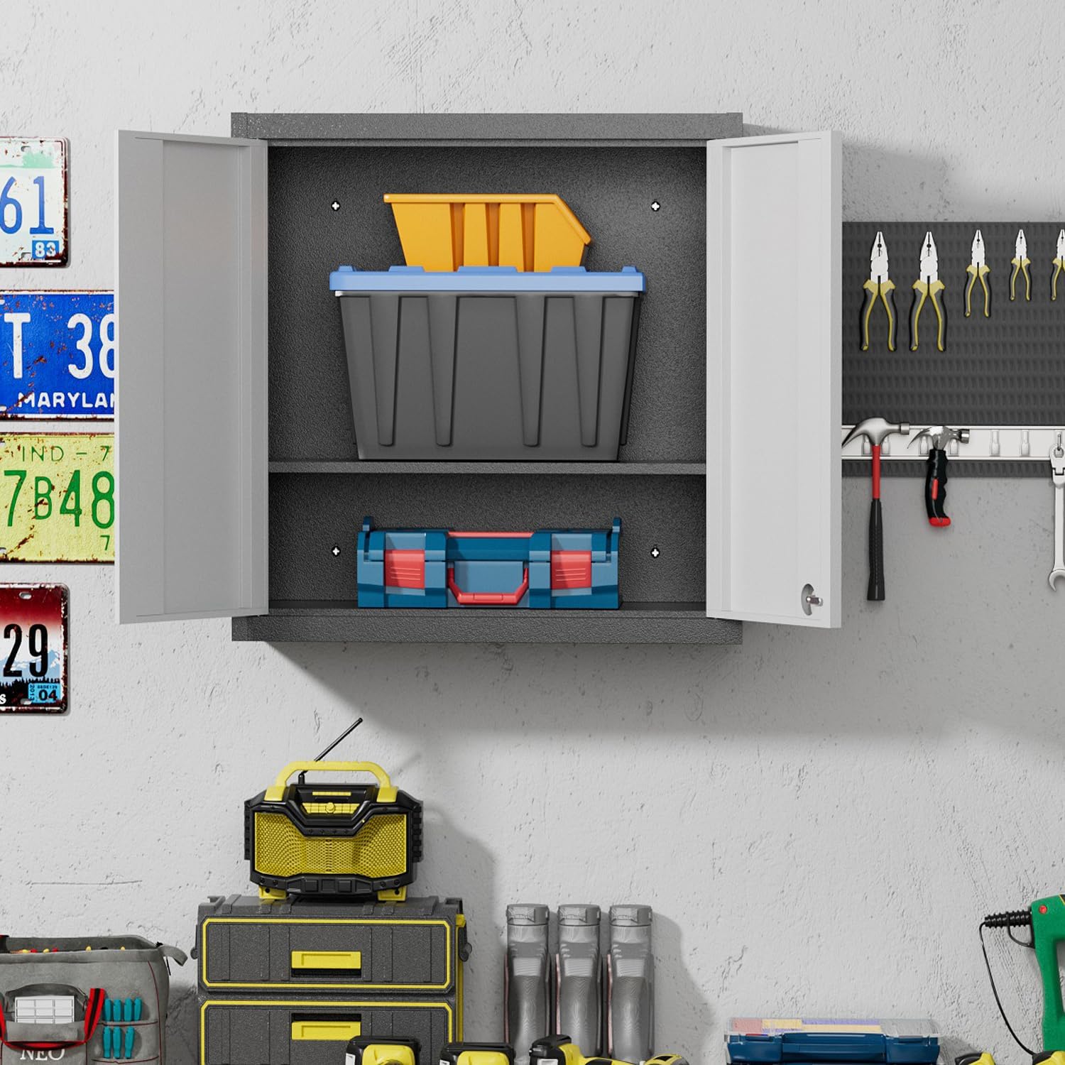 GangMei Metal Wall Storage Cabinet, Lockable Steel Garage Cabinets with 2 Doors and 1 Adjustable Shelf for Home Office Garage Basement Pantry School and Workshop GangMei Metal Wall Storage Cabinet, Lockable Steel Garage Cabinets with 2 Doors and 1 Adjustable Shelf for Home Office Garage Basement Pantry School and Workshop