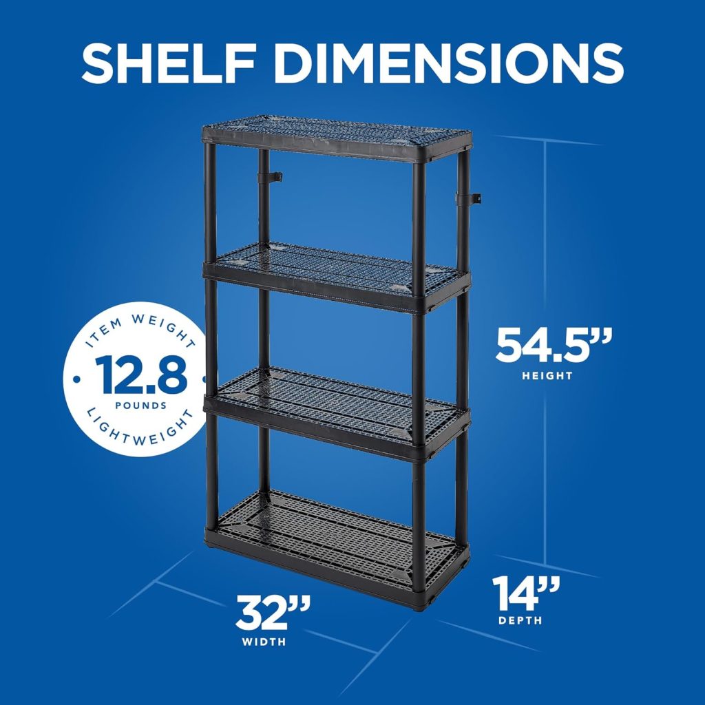 Gracious Living 14 x 32 x 54.5 4-Shelf Tier Resin Multi-Purpose Medium Duty Indoor Garage Storage Organizer Shelves, Black Gracious Living 14 x 32 x 54.5 4-Shelf Tier Resin Multi-Purpose Medium Duty Indoor Garage Storage Organizer Shelves, Black