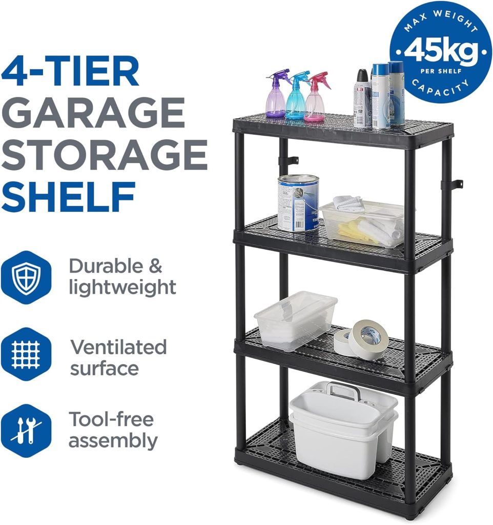 Gracious Living 14 x 32 x 54.5 4-Shelf Tier Resin Multi-Purpose Medium Duty Indoor Garage Storage Organizer Shelves, Black Gracious Living 14 x 32 x 54.5 4-Shelf Tier Resin Multi-Purpose Medium Duty Indoor Garage Storage Organizer Shelves, Black