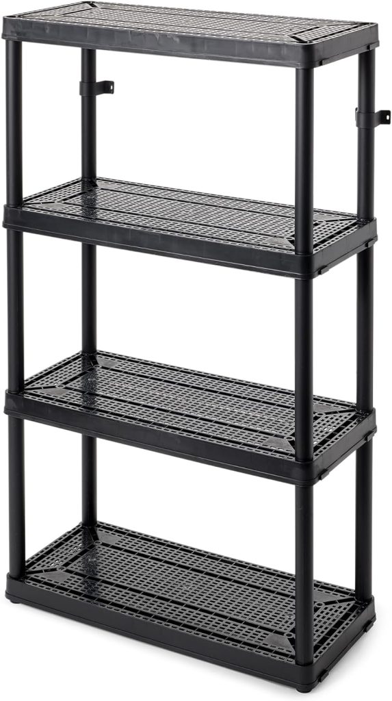 Gracious Living 14 x 32 x 54.5 4-Shelf Tier Resin Multi-Purpose Medium Duty Indoor Garage Storage Organizer Shelves, Black Gracious Living 14 x 32 x 54.5 4-Shelf Tier Resin Multi-Purpose Medium Duty Indoor Garage Storage Organizer Shelves, Black