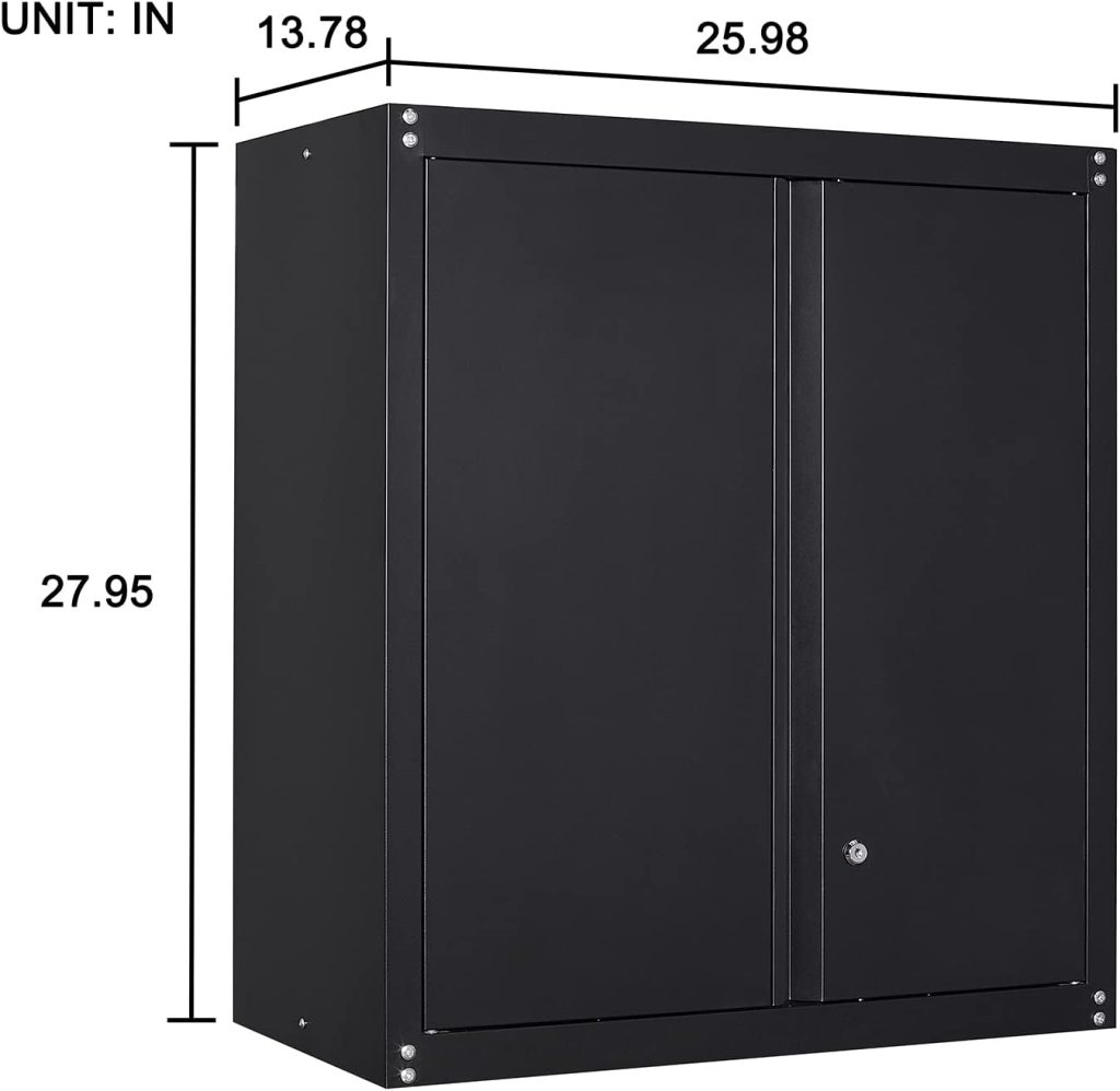 GREATMEET Metal Storage Cabinet with Lock and Doors,Steel Garage Wall Storage Cabinet,Garage Upper Cabinet,Wall Mounted Metal Cabinet for Garage, Black