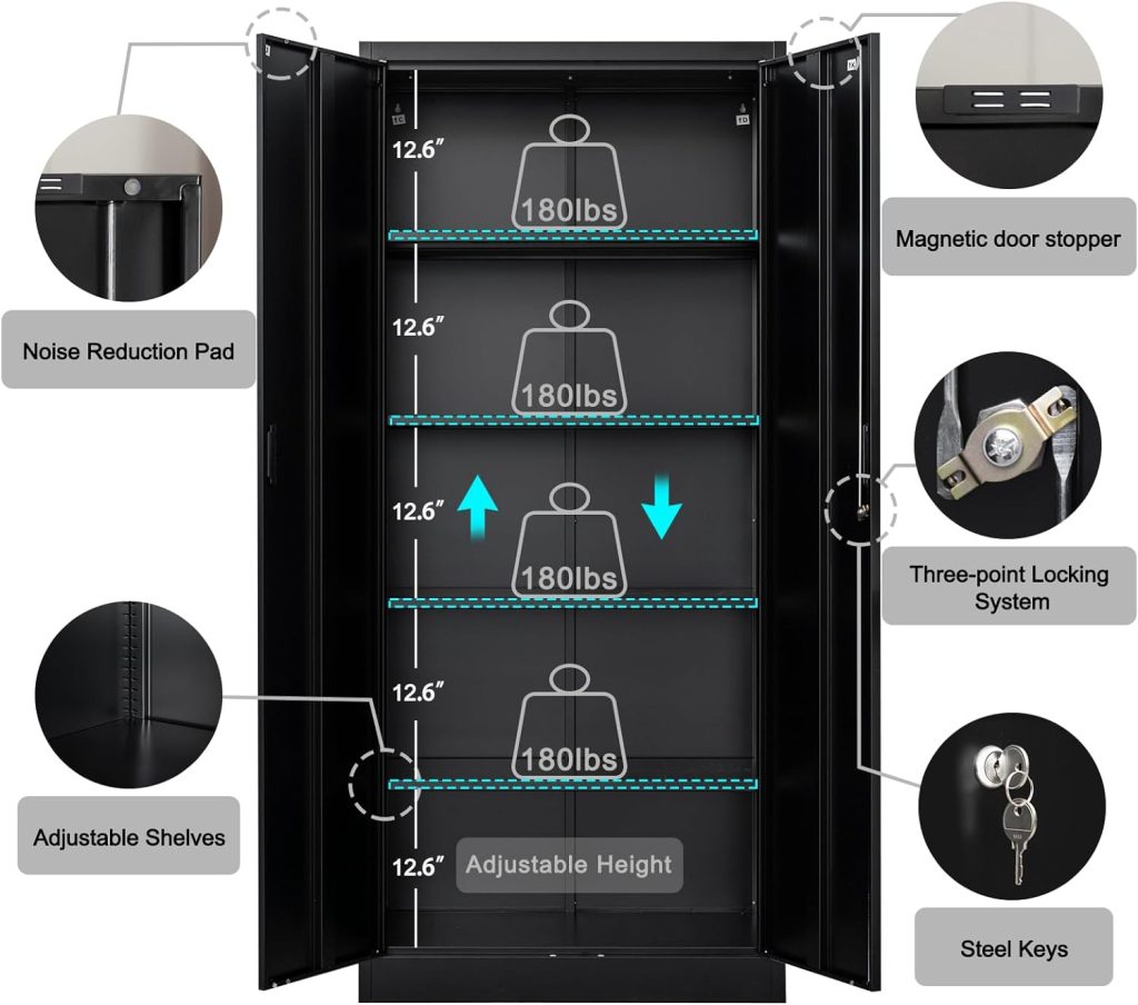Metal Storage Cabinet, 36 Inch Black Metal Cabinets, Steel Cabinet with Locking Doors and Adjustable Shelves, 4 Keys Metal Garage Cabinet Suitable for Office, Garage, Warehouse and Home Use.…