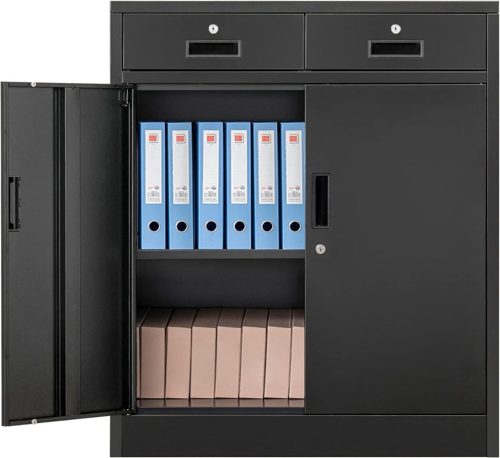Wanfu Metal Storage Cabinet with Locking Doors and Adjustable Shelve, 36 H Steel Cabinet with Two Drawers, Locking Storage Cabinet for Office, Garage, Home-Black