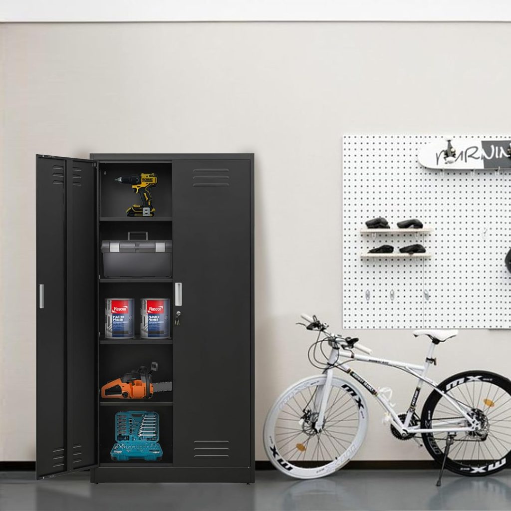 Wanfu Metal Storage Cabinet with Locking Doors and Adjustable Shelve, 36 H Steel Cabinet with Two Drawers, Locking Storage Cabinet for Office, Garage, Home-Black