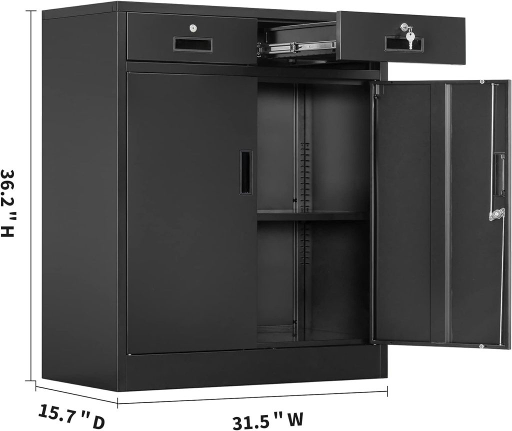 Wanfu Metal Storage Cabinet with Locking Doors and Adjustable Shelve, 36 H Steel Cabinet with Two Drawers, Locking Storage Cabinet for Office, Garage, Home-Black