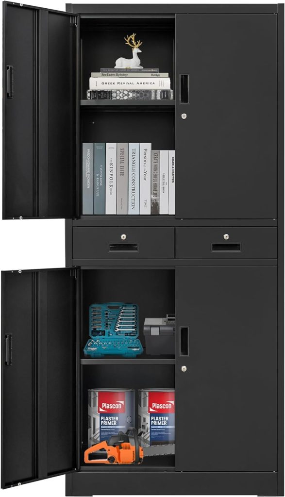 Wanfu Metal Storage Cabinet with Locking Doors and Adjustable Shelve, 36 H Steel Cabinet with Two Drawers, Locking Storage Cabinet for Office, Garage, Home-Black