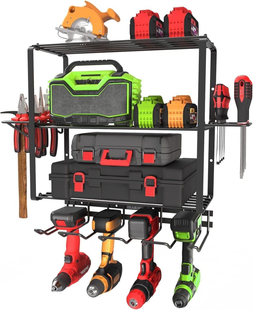 ZEAKOC Power Tool Organizer, 4 Layers Heavy Duty Drill Holder Wall Mount,Metal Hangers Utility Storage Shelves for Power Tools,Separate Rack Christmas Gift for Men Dad ZEAKOC Power Tool Organizer, 4 Layers Heavy Duty Drill Holder Wall Mount,Metal Hangers Utility Storage Shelves for Power Tools,Separate Rack Christmas Gift for Men Dad