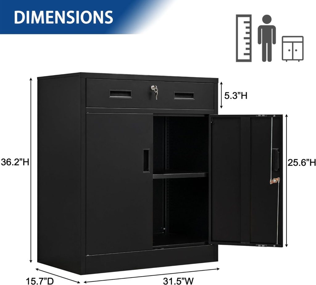 iDEKAI Metal Storage Cabinet with 2 Locking Doors and Adjustable Shelf, 36.2 H Steel Storage Cabinet with Drawer, Locking Storage Cabinet for Office, Garage, Home (Black) iDEKAI Metal Storage Cabinet with 2 Locking Doors and Adjustable Shelf, 36.2 H Steel Storage Cabinet with Drawer, Locking Storage Cabinet for Office, Garage, Home (Black)