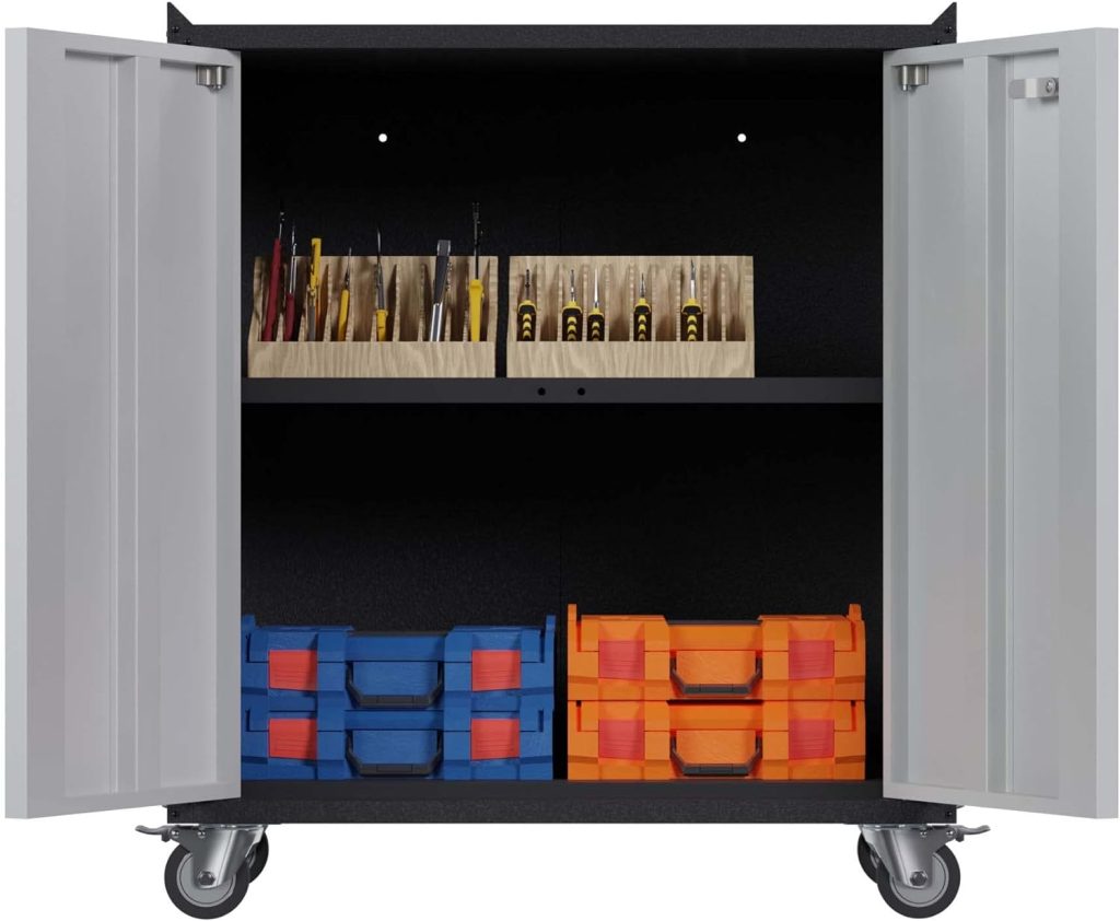 Metal Storage Cabinet with Wheels, Mobile Garage Cabinet with Locking Doors and One Adjustable Shelf, Lockable Storage Cabinet for Utility Room, Home, Office : Tools Home Improvement Metal Storage Cabinet with Wheels, Mobile Garage Cabinet with Locking Doors and One Adjustable Shelf, Lockable Storage Cabinet for Utility Room, Home, Office : Tools Home Improvement