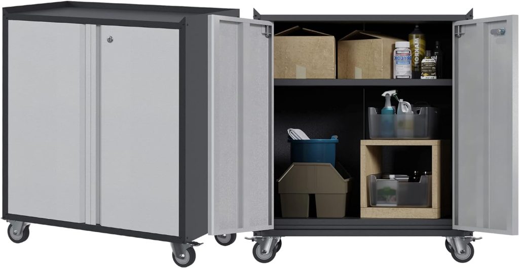 SUXXAN Metal Rolling Garage Cabinet with 2 Doors, Rolling Metal Storage Cabinet with One Adjustable Shelf for Garage Utility Room, Assembly Required SUXXAN Metal Rolling Garage Cabinet with 2 Doors, Rolling Metal Storage Cabinet with One Adjustable Shelf for Garage Utility Room, Assembly Required