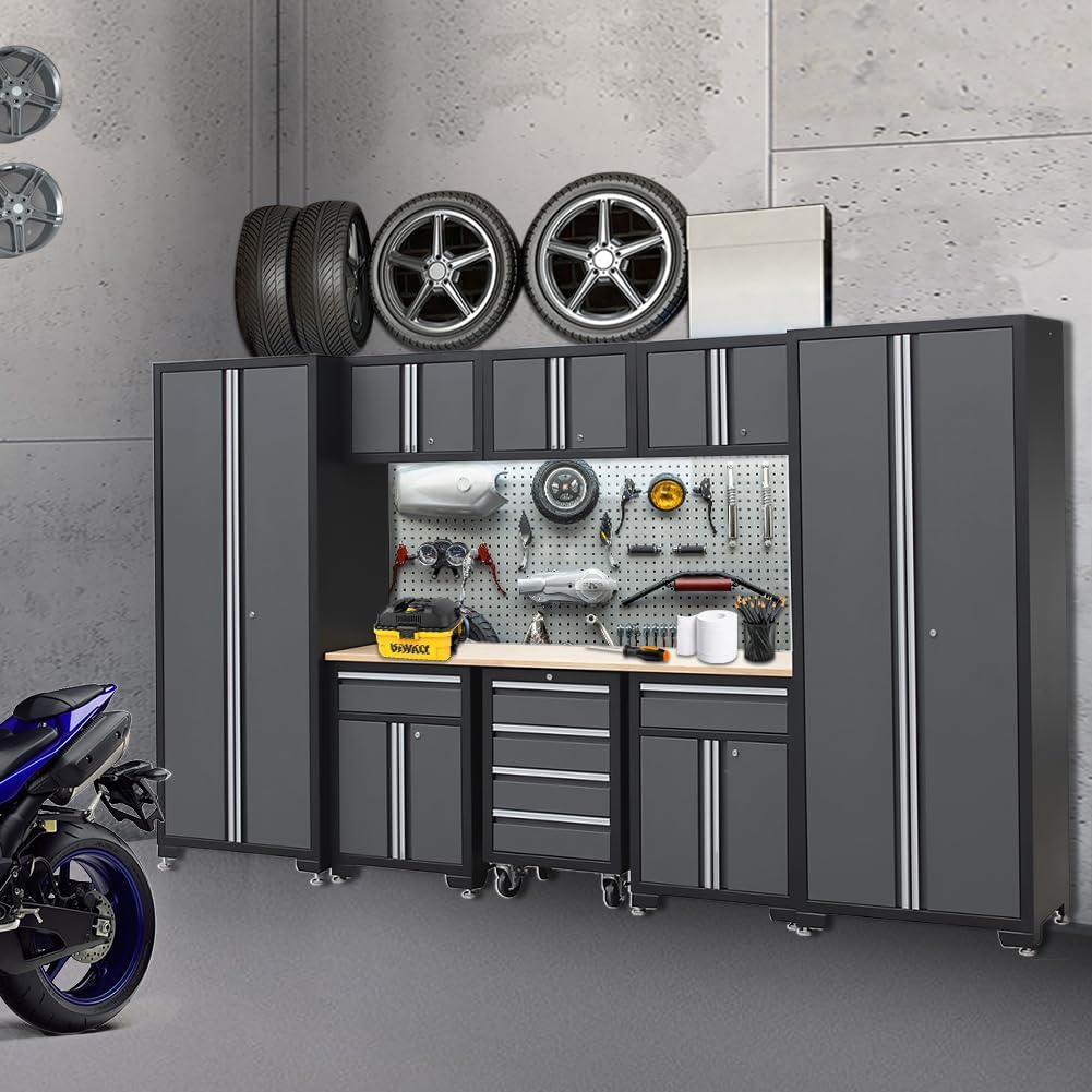 4utoHydra 9-Piece Workshop Cabinet Set in Grey with Workbench - Perfect for Organizing Tools - Included Steel Cabinets Drawers Shelving Rolling Chest - 130W 18D 76H Assembled Garage Shop Cabinets 4utoHydra 9-Piece Workshop Cabinet Set in Grey with Workbench - Perfect for Organizing Tools - Included Steel Cabinets Drawers Shelving Rolling Chest - 130W 18D 76H Assembled Garage Shop Cabinets