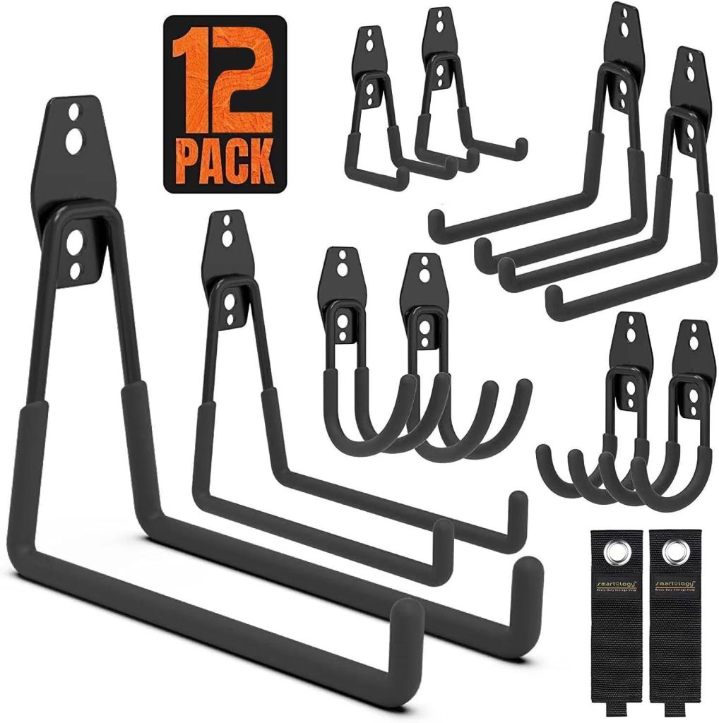 Garage Hooks, 12 Pack Wall Storage Hooks with 2 Extension Cord Storage Straps, Heavy Duty Tool Hangers for Utility Organizer, Wall Mount Holders for Garden Lawn Tools, Ladders, Bike (Orange)