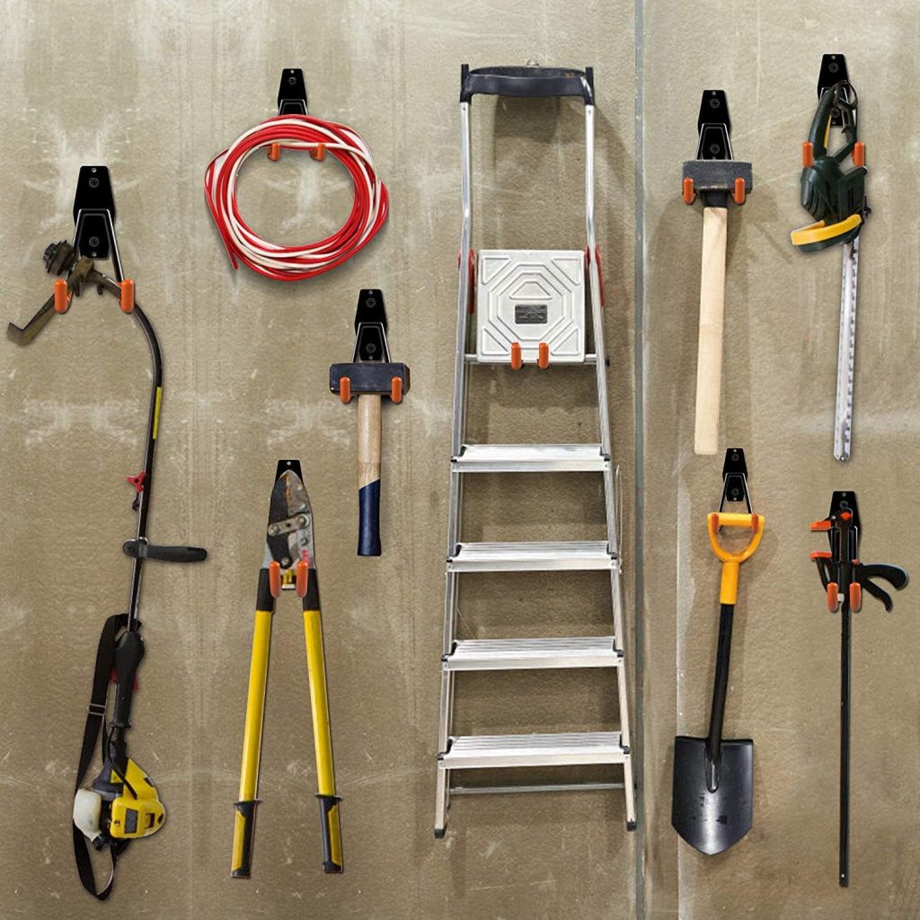 Garage Hooks, 12 Pack Wall Storage Hooks with 2 Extension Cord Storage Straps, Heavy Duty Tool Hangers for Utility Organizer, Wall Mount Holders for Garden Lawn Tools, Ladders, Bike (Orange)